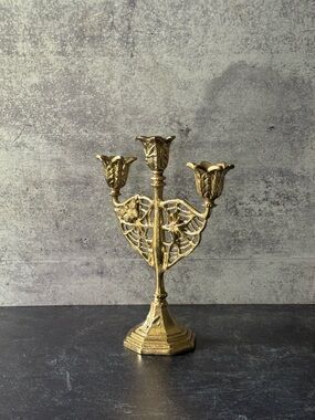 Victorian Halloween Candelabra Gold Metal Triple Taper Holder Gothic Threshold